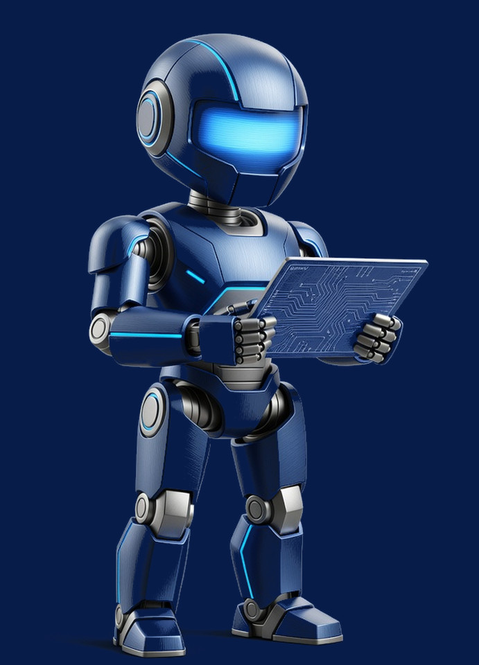 GIDZ robot, innovation engineer with a blueprint tablet